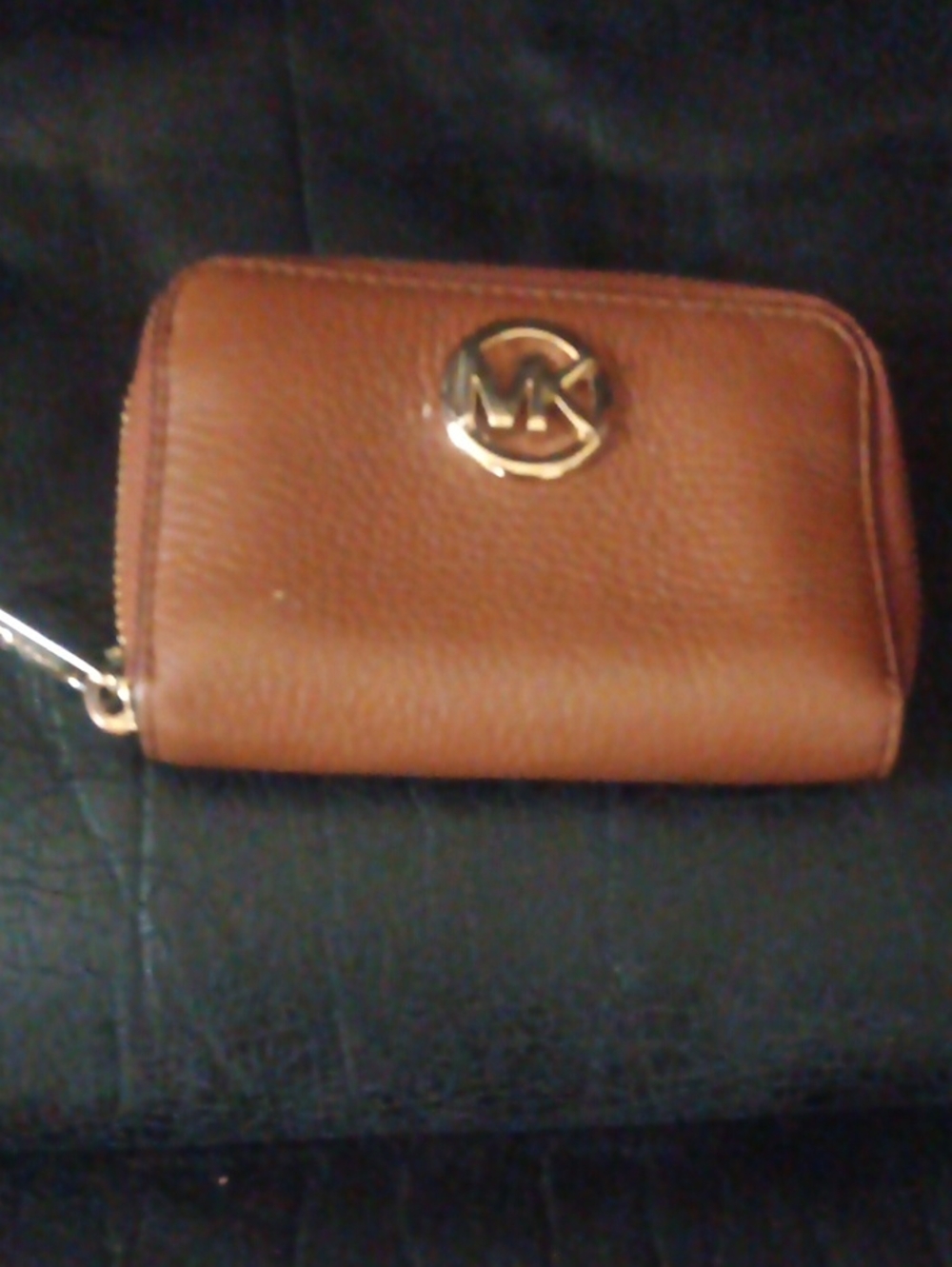 Michael Kors Cognac Pebbled Leather Zip Card Wallet with Gold Logo